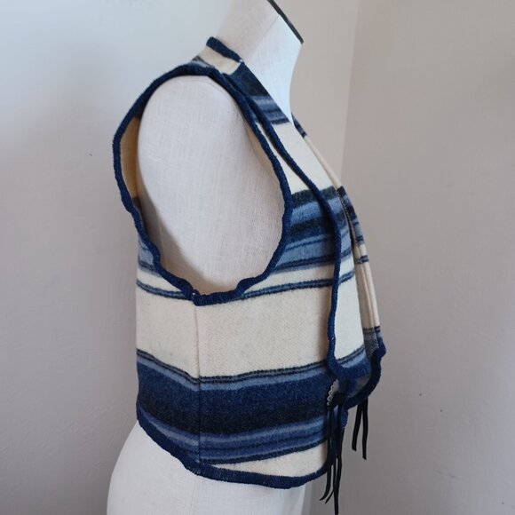 Woolrich Wool Vest Blue White Striped Collared Western Rodeo Womens Medium - Picture 9 of 14